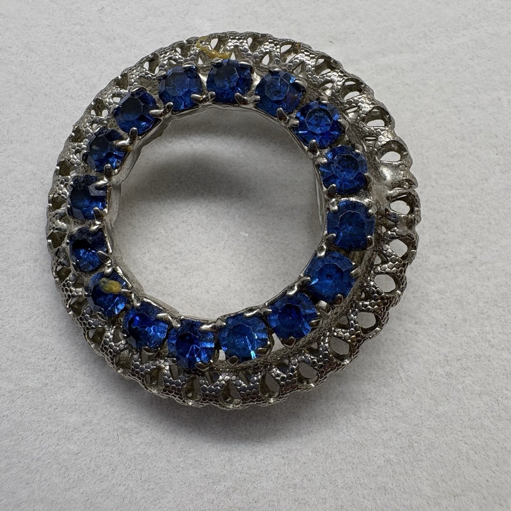 Blue Rhinestone Double Ring Brooch Pin